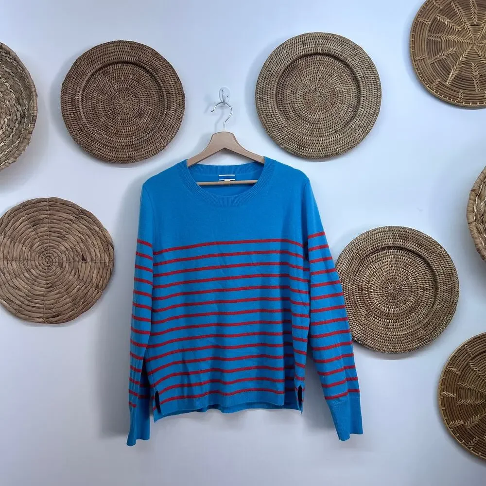 $148 J. Crew Cashmere Crew Neck Sweater XL Blue Orange Striped Soft Knit Preppy